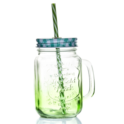 500ml logo embossed fruit juice drink glass mason jar with handle and lid