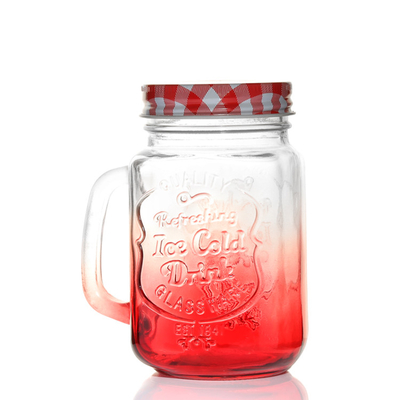 500ml logo embossed fruit juice drink glass mason jar with handle and lid
