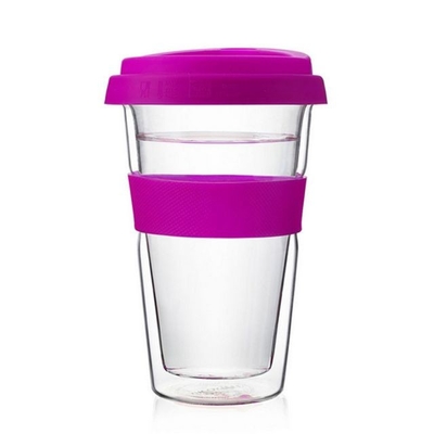 Factory direct sale Heat Resistant Hot Beverage Double Wall Glass with Silicone Transparent with dome cover coffee cup