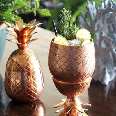 Customized Rose Gold Plated Cocktail Pineapple Cup Stainless Steel Pineapple Shape Drink Glass Set