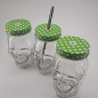 Popular products 17oz custom made glass skulls shaped 510ml mason jar with llid and straw