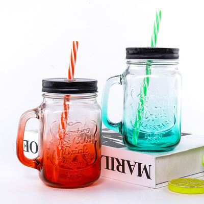 Custom Design Logo embossed colored juice drink glass mason jar with handle and lid