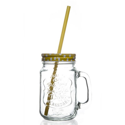 Clear Decorative Iron Cover 500 Ml Mason Jar With Handle And Straw