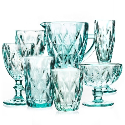 Hand Blown Diamond Cut Crystal Wine Glasses , 200ml Glass Cup Sky Blue Colored