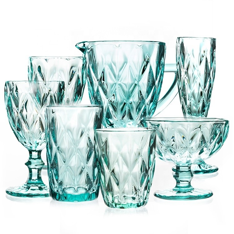 Hand Blown Diamond Cut Crystal Wine Glasses , 200ml Glass Cup Sky Blue Colored